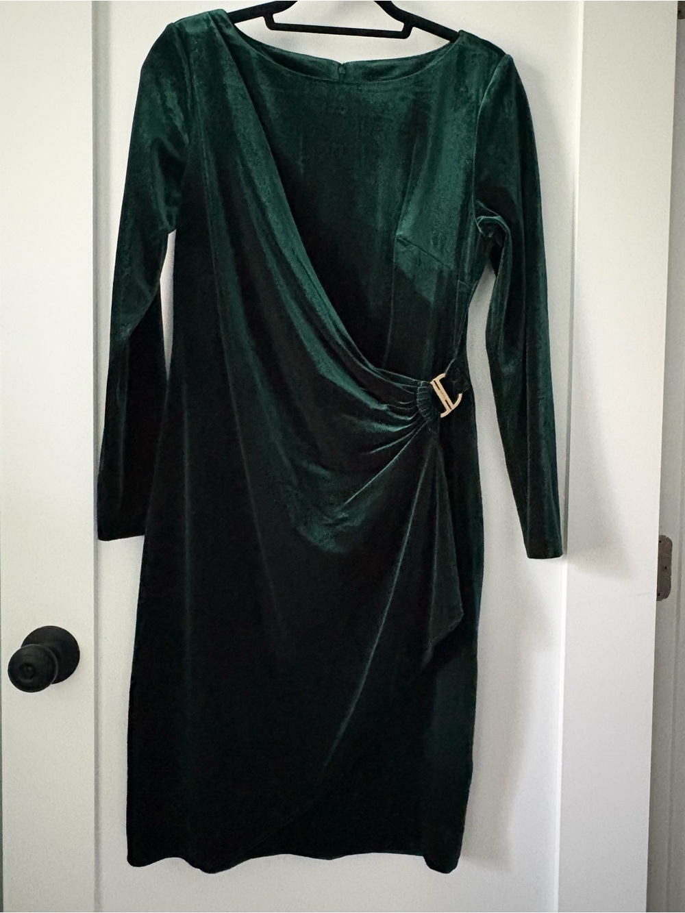 DKNY Deep Green Velvet Long Sleeve Wrap Dress with Gold Buckle